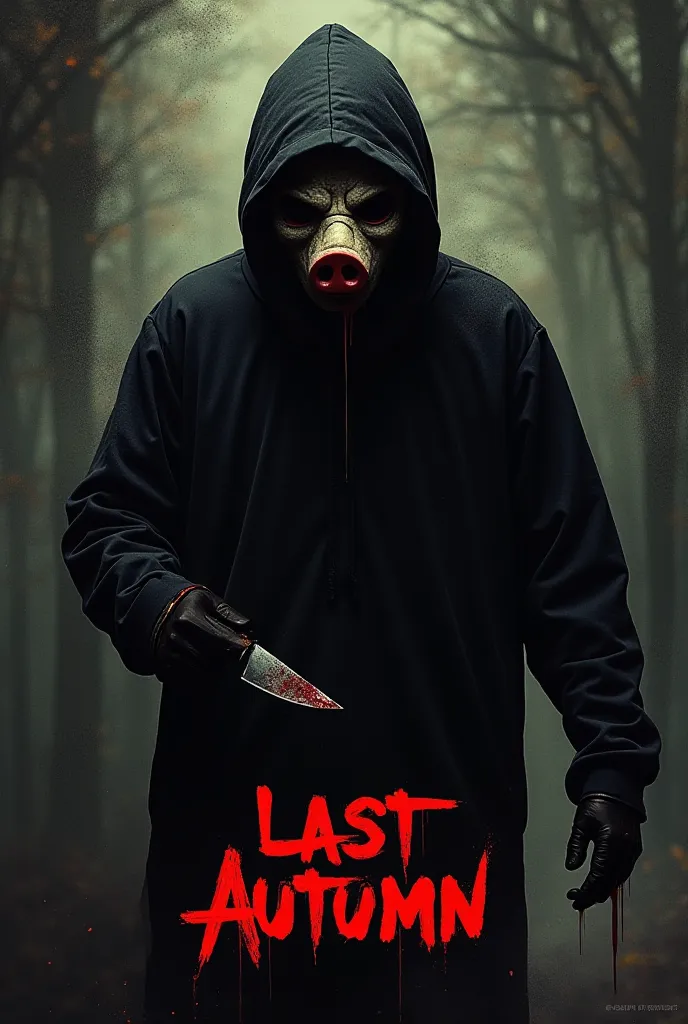  Horror movie poster , retro,  from the 90s ,  the killer wears an all-black outfit ,  covering the entire body ,  wearing a scary pig mask, with a knife, blood, pôster retro,  Written LAST AUTUMN 