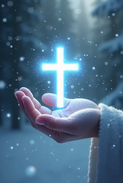 A hand of light holding a light crucifix In the snow with falling snow 