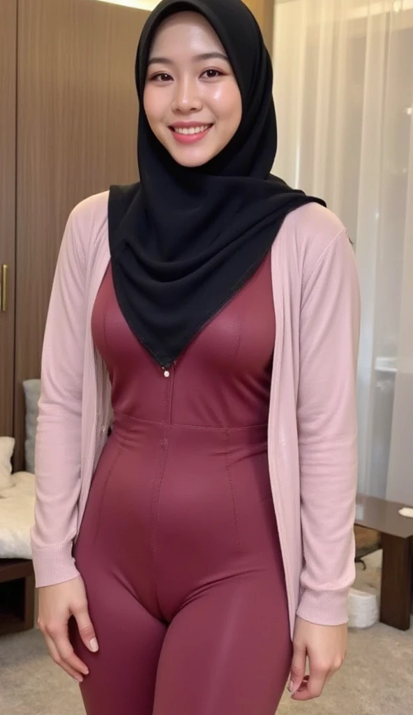 Pretty busty short body korean wife wear black hijab and wearing light maroon satin tight long pants, Plump short body shaped, walking eroticly in the bedroom, bubble buttock, full body front view, view from side front, accentuated your buttock, bubble but...