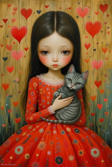 

Create an artwork featuring a young girl in a vibrant red dress with intricate, decorative patterns. She lovingly holds a cat, their connection symbolized by floating heart motifs. The background should be a rich tapestry of colors, incorporating warm to...