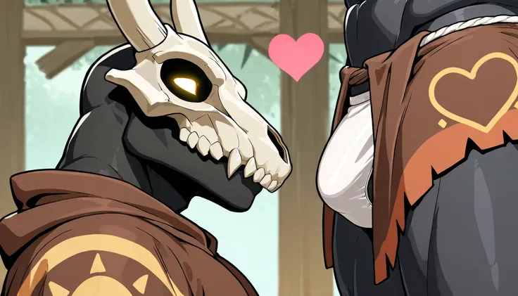 Highest qualiti,perfect anatomy,animal skull head,black skin,male wearing white panties,tribe robe,heart sign,skimpy,bara,glowing eyes,view from side,big bulging crotch,tribe village background,crotch close-up,group shot