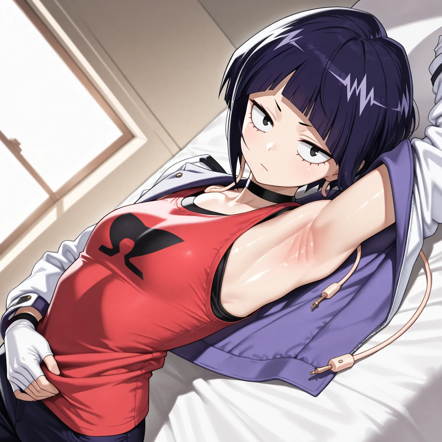 (masterprice, HDR, 2k, High Resolution) jirouSDXL,1girl, short hair, shirt, gloves, jacket, dark purple hair, black eyes, choker,white gloves, fingerless gloves, red shirt, jirou kyouka ((armpits, zoom in armpits, focus armpits, showing armpits, very detai...