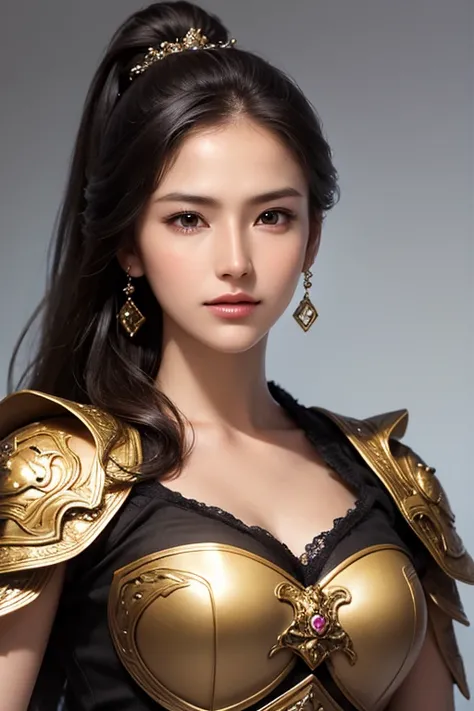 Close-up of a woman wearing armor and a golden cloak up to the waist, 1 person, cute ponytail ,Age 30,Closeup of a woman wearing large breasts and creevage ,Cleavage exposed,Scary face,  Highly detailed facial and skin textures, staring at the camera,  Chi...