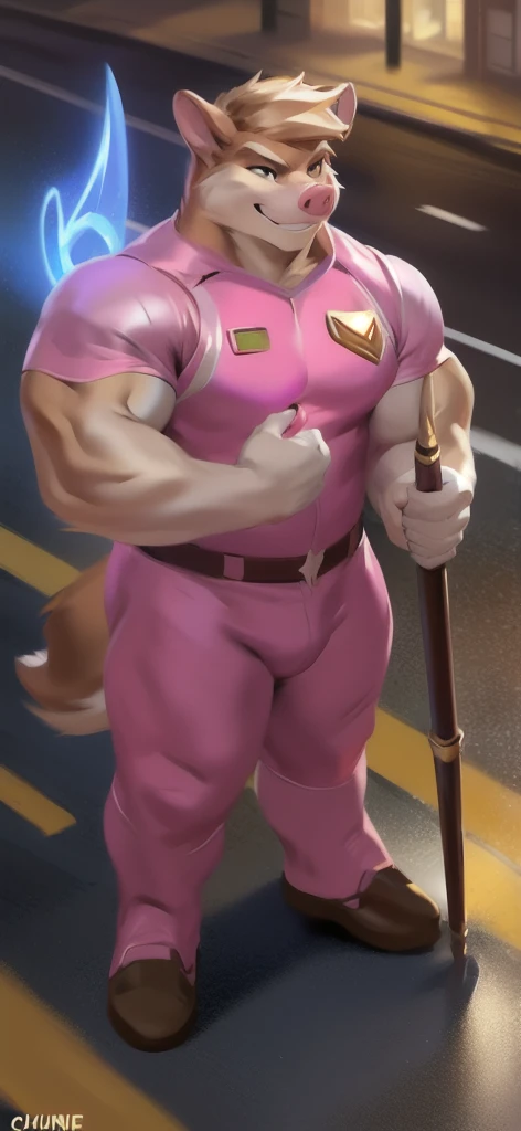  alone, male Tall​,huge​ body​, stand,Holding the magic staff of an angel., road, ​pig squirrel ,  pink military spacesuit,  heavy overload,  muscle bundle, smirking,by chunie ​