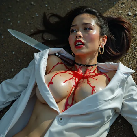 Gorgeous asian woman, with ponytail, hoop earrings, choker, huge oversized breasts that have large red liquid handprints with white lab coat that's been ripped open. She is lying on her back of floor of gravel ground. She has a large knife blade lodged int...