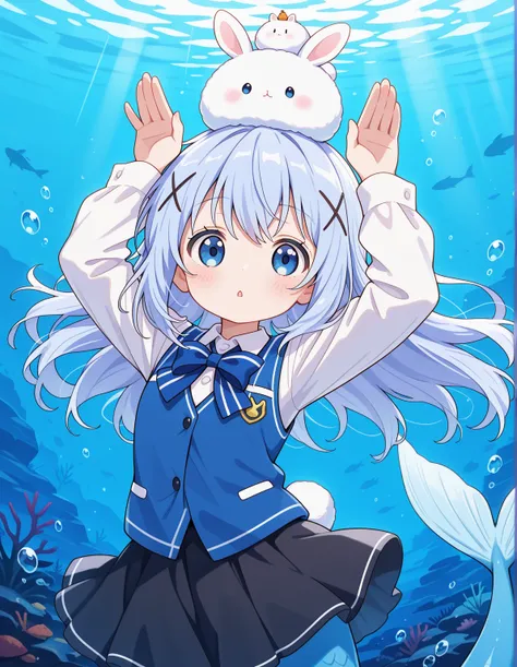 1girl, blue eyes, chino_kafu, periwinkle colored hair, tiny, cute, innocent, long hair, hair ornament, blue hair, rabbit pose, mermaid, light blue tail, underwater, submerged, looking at viewer, skirt, on head, long sleeves, simple background, bow, x hair ...