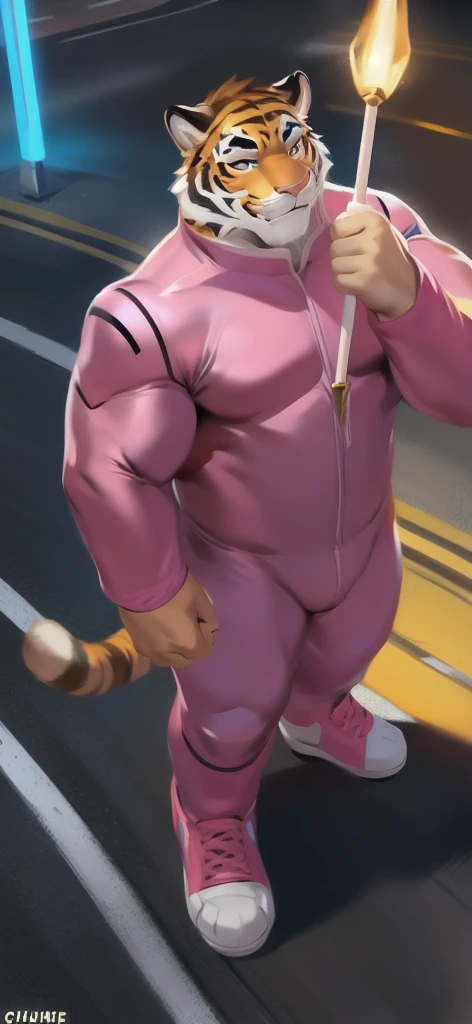  alone, male Tall​,huge​ body​, stand,Holding the magic staff of an angel., road, ​pig tiger ,  pink military spacesuit,  heavy overload,  muscle bundle, smirking,by chunie ​