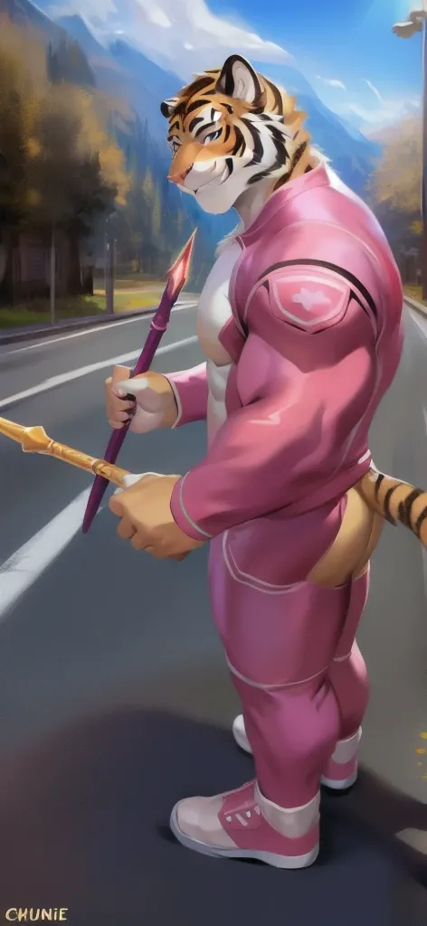  alone, male Tall​,huge​ body​, stand,Holding the magic staff of an angel., road, ​pig tiger ,  pink military spacesuit,  heavy overload,  muscle bundle, smirking,by chunie ​