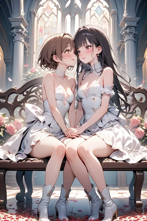 two girls, yuri, masterpiece, top quality, high definition, detailed animation, exquisite work, church , floor covered with many roses, shower of many rose petals,, a bench covered in rose petals, sensual atmosphere, sitting on the Gorgeous bench, interloc...