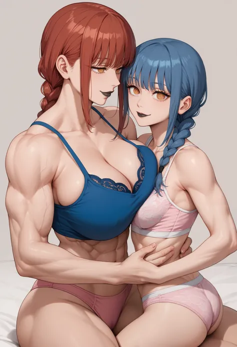 (beautiful MAKIMA \( Chainsaw Man \), red hair, downcast eyes, Braided Ponytail, Women tickle men , , (muscular girl:1.3), (size difference), (height difference:1.2), (medium massive breast),  (sexy  underwear),  (passionate), - (Seductive smile, Naughty f...