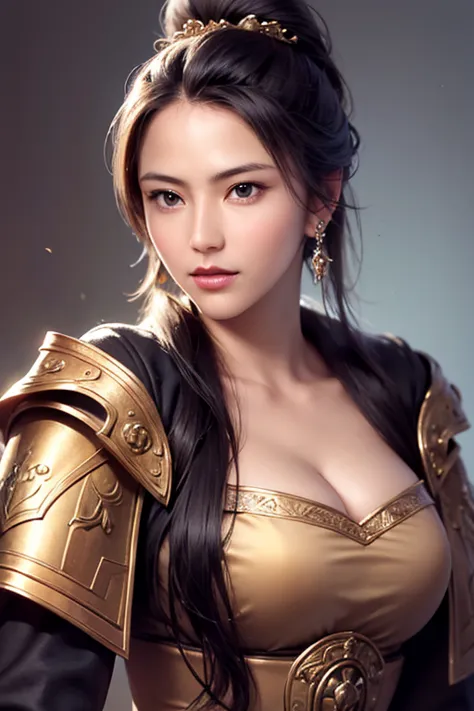 Close-up of a woman wearing armor and a golden cloak up to the waist, 1 person, cute ponytail ,Age 30,Closeup of a woman wearing large breasts and creevage ,Cleavage exposed,Scary face,  Highly detailed facial and skin textures, staring at the camera,  Chi...