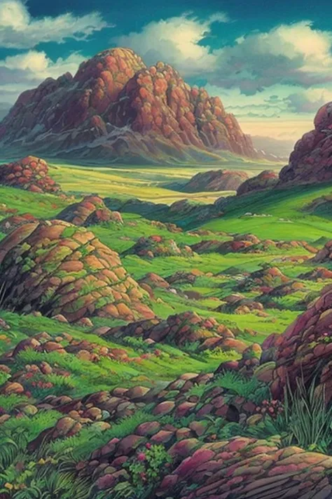 Masterpiece of medieval fantasy,  the highest quality ,  detailed landscape,  rocky area with grass ,  beautiful sky and rocks in the distance. Adventure landscape . 