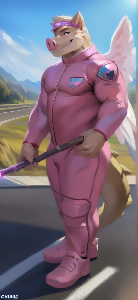  alone, male Tall​,huge​ body​, stand,Holding the magic staff of an angel., road, ​pig crocodile​ ice​ pink​,  pink military spacesuit,  heavy overload,  muscle bundle, smirking,by chunie ​