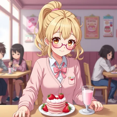 (A charming pastel-colored selfie:1.6) featuring a youthful anime girl with (big, expressive brown eyes framed by long, curled eyelashes:1.2). Her (blonde hair tied in a high, fluffy ponytail) contrasts beautifully with her (pink glasses:1.1) and (creamy b...