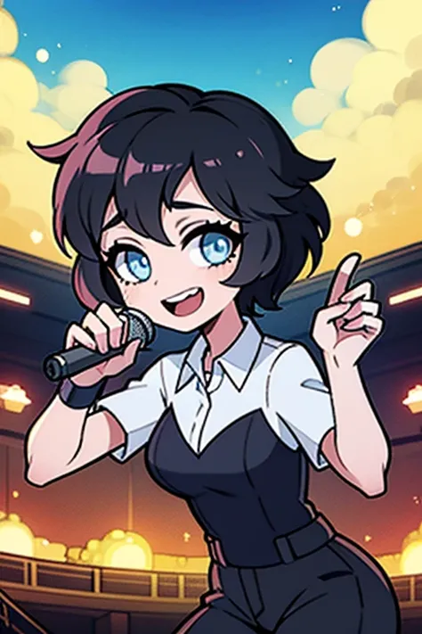 Create a 20-year-old girl singer, linda,  short hair,  sky blue eyes,  black hair,  at a concert singing 