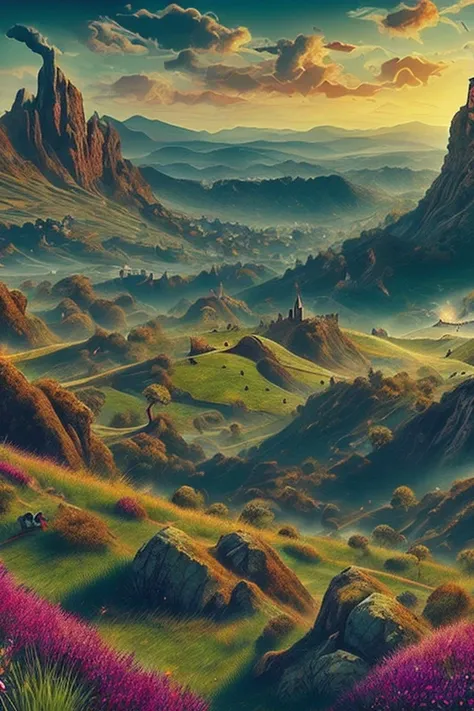 Masterpiece of medieval fantasy,  the highest quality ,  detailed landscape,  rocky area with grass ,  beautiful sky and rocks in the distance. Adventure landscape . 