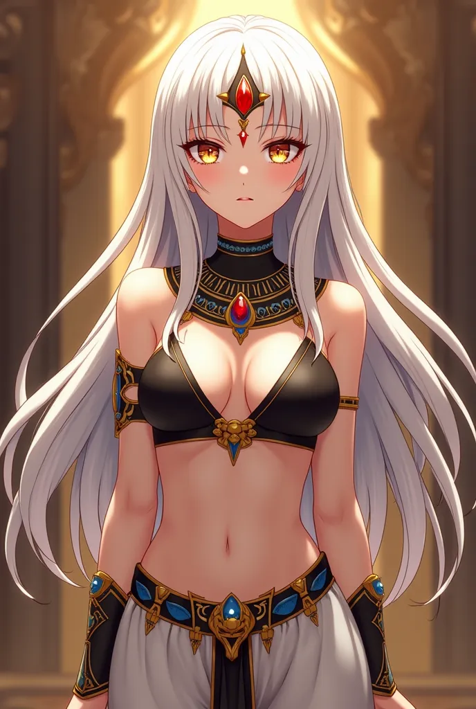 ( maximum quality,  best quality ,  official art ,  full body,  beautiful and aesthetic :1.2)  an anime girl ,  anime style,  fair skin,  white hair,  golden eyes,  black Egyptian bra with gold details,  white and gold Egyptian pants , Red stone on the for...