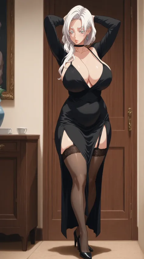 ((   top quality )), ((  masterpiece)), (  Detailed  ),    Sexy Girl  ,  middle aged woman,   Milf,   chubby body,  thick lips ,   white hair,  white eyebrows ,   White Lashes,  black dress ,  stockings,  high heels , Standing with arms raised