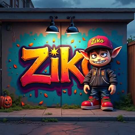 Graffiti lettrage"ZIKO"avec graffeur avec personnage animé 3D look hip hop casquette ziko écrit dessus,masque de hockey qui sourit,environnement horreur halloween  