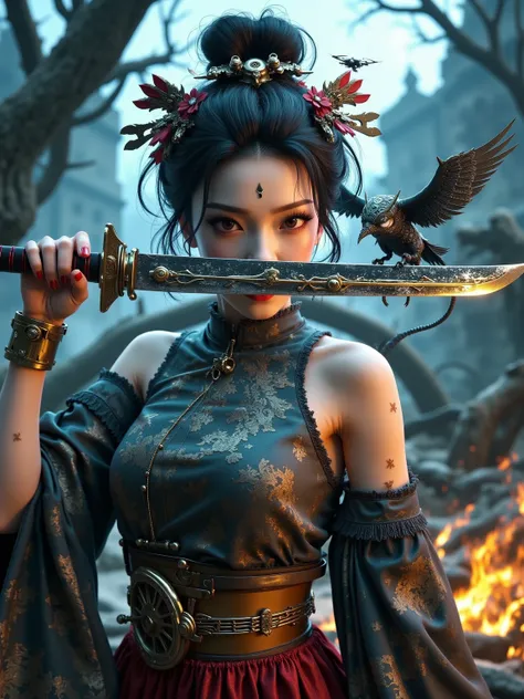 masterpiece, ultimate detailed, tiny finnest details, Fierce japanese female warrior is holding a reflective shiny (katana:1.3) in front of  her face, (an ancient mythical Japanese demon is reflected in the katana blade:1.6),anime style, 4k, cinematic, tre...