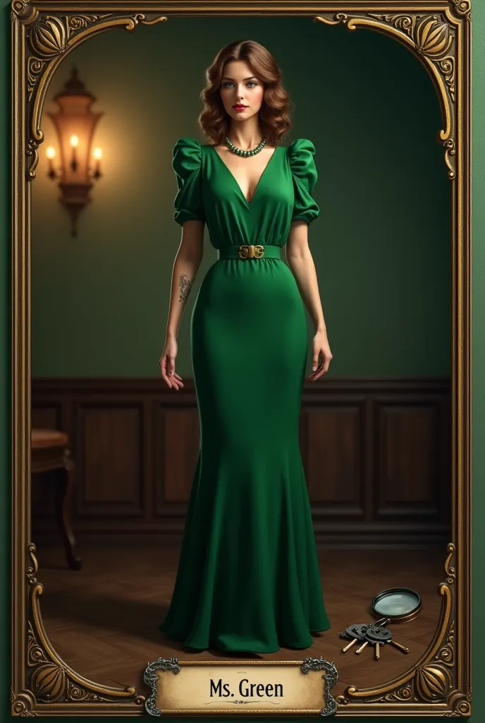 Make an image of a Clue game card, with the same frame as before, with a character called Ms.. green