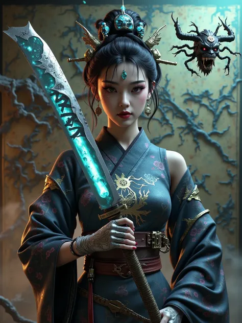 masterpiece, ultimate detailed, tiny finnest details, Fierce japanese female warrior is holding a reflective shiny (katana:1.3) in front of  her face, (an ancient mythical Japanese demon is reflected in the katana blade:1.6),anime style, 4k, cinematic, tre...