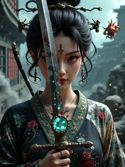 masterpiece, ultimate detailed, tiny finnest details, Fierce japanese female warrior is holding a reflective shiny (katana:1.3) in front of  her face, (an ancient mythical Japanese demon is reflected in the katana blade:1.6),anime style, 4k, cinematic, tre...