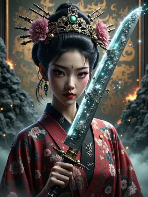 masterpiece, ultimate detailed, tiny finnest details, Fierce japanese female warrior is holding a reflective shiny (katana:1.3) in front of  her face, (an ancient mythical Japanese demon is reflected in the katana blade:1.6),anime style, 4k, cinematic, tre...