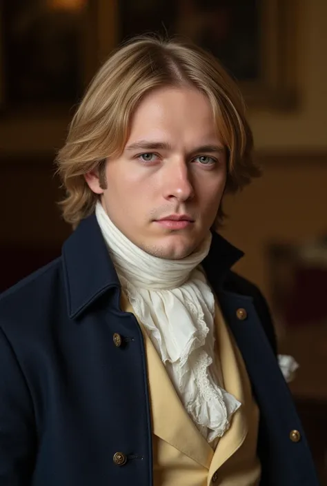 Very handsome English man, wedges with honey-colored eyes,  shoulder-length blond hair , wearing a 19th century count's outfit, His eyes are serious and cold, style Pride and Prejudice by Jane Austen.  high resolution,  Masterpiece, Necessary,  anatomicall...