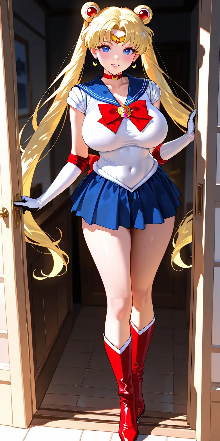 Masterpiece, newest, vibrant, very aesthetic, high contrast, mature woman, sailor moon\(sailor moon\), sailor senshi uniform (sailor senshi uniform shirt, sailor senshi uniform gauntlets, sailor senshi uniform skirt, sailor senshi uniform high boots), big ...