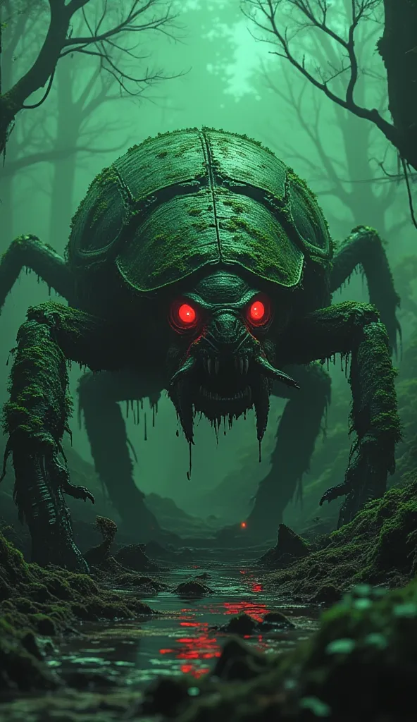 A horrifying giant beetle monster covered in thick, damp green moss, its massive, chitinous exoskeleton cracked and oozing with decay. The creature's many glowing red eyes flicker in the darkness, while its jagged mandibles drip with venom. Its spiked legs...