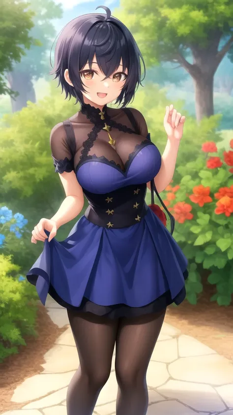 masterpiece, best quality, girl, solo, looking at viewer, rio_seirei_gensouki, black hair, brown eyes, large breasts, Genshin Impact cosplay, princess Dress, standing, smile, open mouth, outdoors 