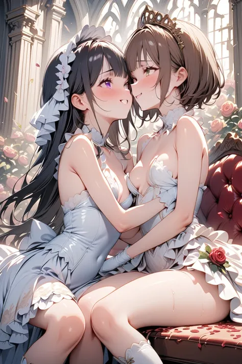 nsfw, two girls, yuri, masterpiece, top quality, high definition, detailed animation, exquisite work, church , floor covered with many roses, shower of many rose petals, a bench covered in rose petals, sensual atmosphere, sitting on the Gorgeous bench,  fr...