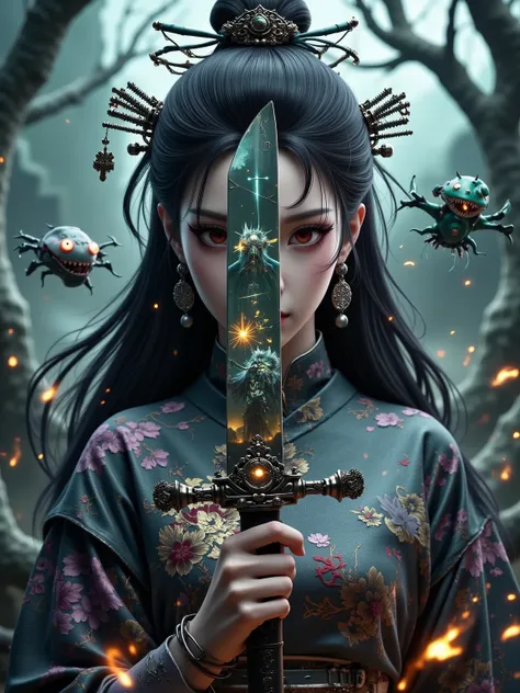 masterpiece, ultimate detailed, tiny finnest details, Fierce japanese female warrior is holding a reflective shiny (katana:1.3) in front of  her face, (an ancient mythical Japanese demon is reflected in the katana blade:1.6),anime style, 4k, cinematic, tre...