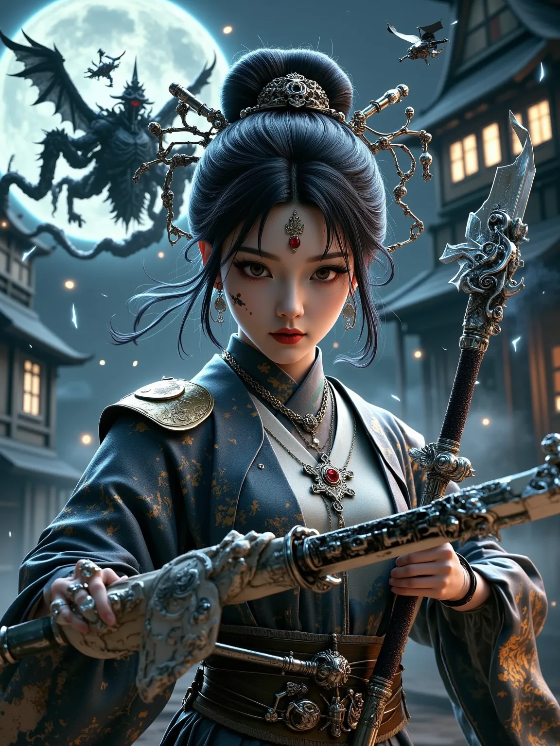 masterpiece, ultimate detailed, tiny finnest details, Fierce japanese female warrior is holding a reflective shiny (katana:1.3) in front of  her face, (an ancient mythical Japanese demon is reflected in the katana blade:1.6),anime style, 4k, cinematic, tre...