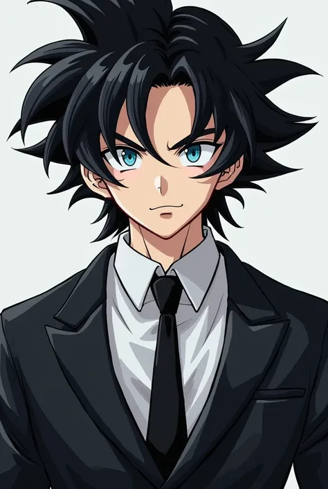 Adult Goku with black jacket and white shirt and black tie and blue eyes and black hair