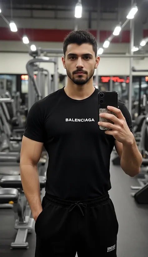 a young handsome turkish guy with muscle,  dark short hair and goatee beard amateur photo random picture he is in gym mirror selfie with a iphone 16 pro he wearing a black tshirt and the tshirt says balenciaga and a black joggerpants he has very much muscl...