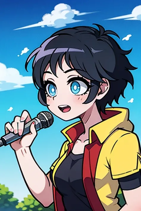 Create a 20-year-old girl singer, linda,  short hair,  sky blue eyes,  black hair, Singing to Summer