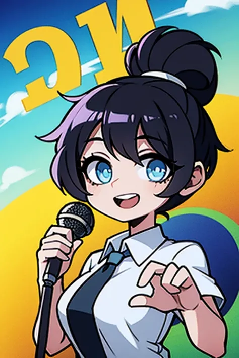 Create a 20-year-old girl singer, linda,  short hair,  sky blue eyes,  black hair, Singing to Summer