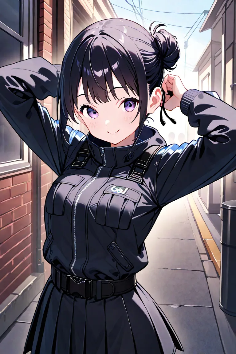 Purple and black hair、Tying a bun、 cute girl、 cool clothes、 skirt、belt、I'm wearing a jacket 、Cool clothes、smile、Eyes are purple、Combat Uniform、Thief