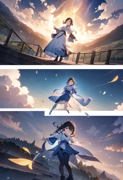  absurd,  high res, ( Official Art,  beautiful、Midea:1.2),  close view ,  lift arms from below 1girl,  bright sky,  A Vast World, Stair ,  awe-inspiring expression , Distant Horizon, cloud, High Hill, Natural beauty,  Inspiration,  night sky, Shining Star々...