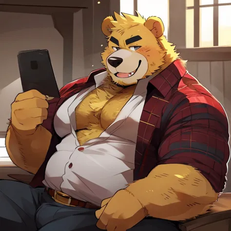 bear, furry, yellow fur, handsome, very muscular, very big, extremely hot and sexy, beard, hair, chest hair, charming eyes, solo, male, happy expression, daddy, full body, big body, clothes, middle aged, by hyaku, by darkgem, by glitter trap boy