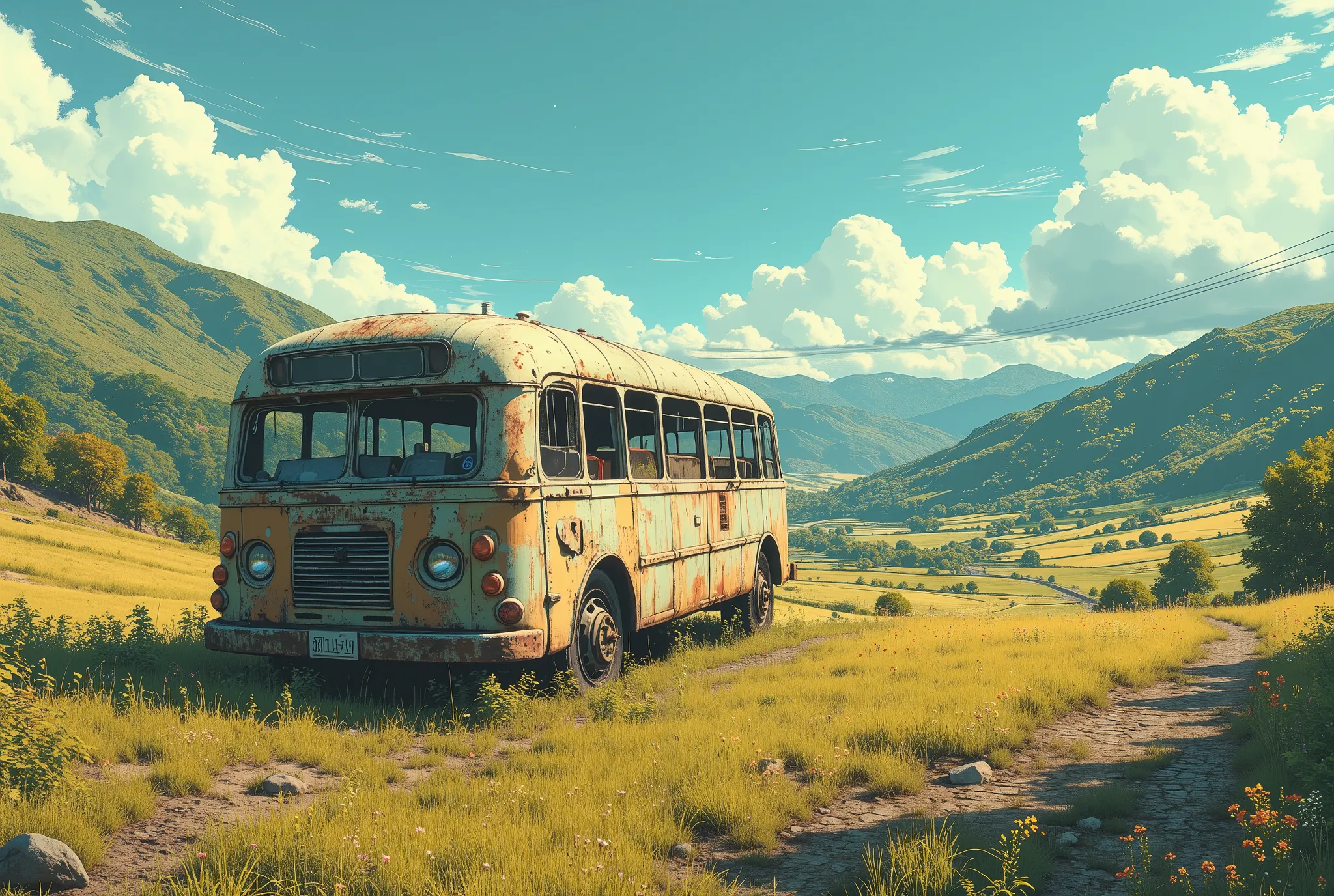 Japan、 no people、Old-shaped bus、summer、 Scenery、