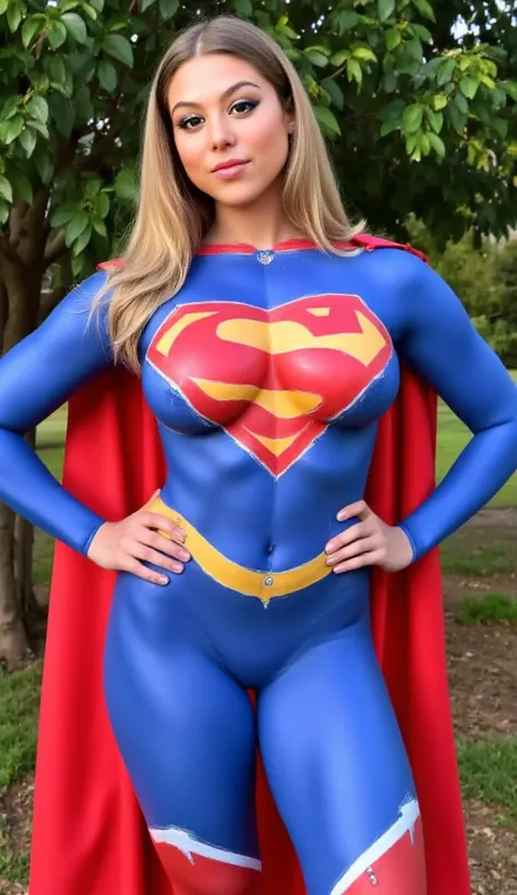 kira kosarin, uniformsbodypaint Supergirl costume painted on her body, looking at viewer, upper body framing, outdoors, tree, nipples, (big breasts:1.3), superman logo painted  in her chest, blonde hair,(3/4 shot), perfect nipples
