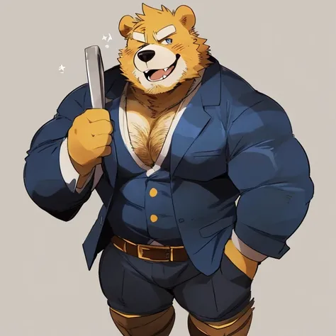 bear, furry, yellow fur, handsome, very muscular, very big, extremely hot and sexy, beard, hair, chest hair, charming eyes, solo, male, happy expression, daddy, full body, big body, clothes, middle aged, by hyaku, by darkgem, by glitter trap boy