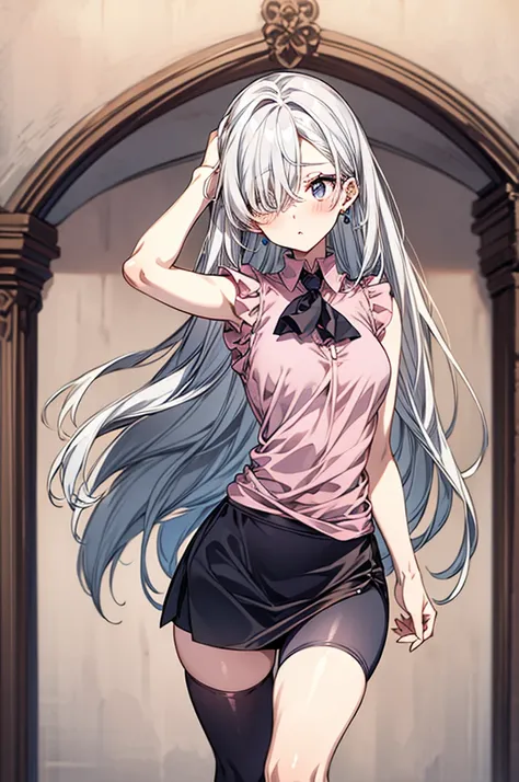  masterpiece,  top quality,  high resolution,  Elizabeth , 1 female, jewel,  single thigh high,  silver hair,  hair above one eye, waist, Black skirt ,  lifting the skirt,  asymmetric leggings , (( pink shirt)),  sleeveless,  black stockings , ,  standing ...