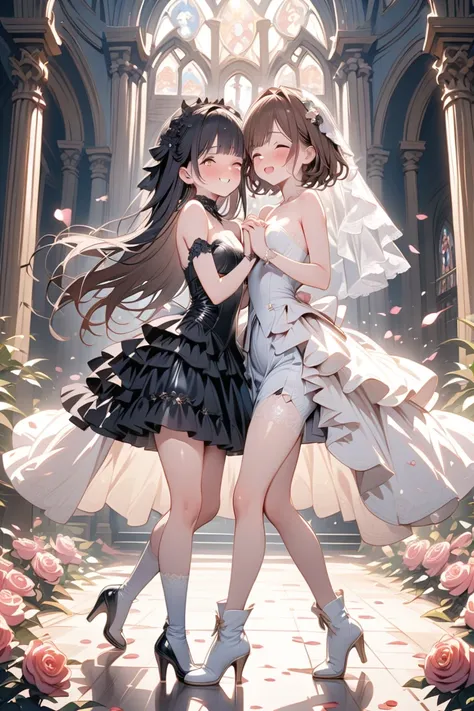 nsfw, two girls, yuri, masterpiece, top quality, high definition, detailed animation, exquisite work, church , floor covered with many roses, shower of many rose petals, two girls walking down the virgin road, surrounded by a shower of flower petals, elega...