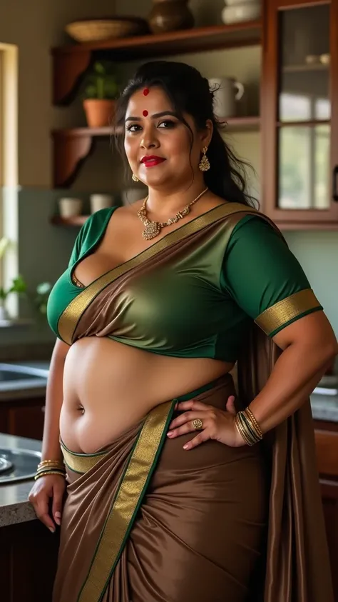 Hd realistic photo of Voluptuous Mature Indian desi Aunty with dusky skin, wearing very deep low neck green shining silk blouse and reflective glossy shining brown transparent Saree, showing her large  Cleavage and navel,nipples projection over blouse,Red ...