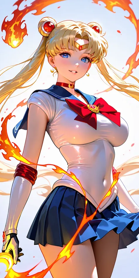 Masterpiece, newest, vibrant, very aesthetic, high contrast, mature woman, sailor moon\(sailor moon\), sailor senshi uniform (sailor senshi uniform shirt, sailor senshi uniform gauntlets, sailor senshi uniform skirt, sailor senshi uniform high boots), trib...