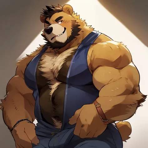 bear, furry, yellow fur, handsome, very muscular, very big, extremely hot and sexy, beard, hair, chest hair, charming eyes, solo, male, happy expression, daddy, full body, big body, clothes, middle aged, by hyaku, by darkgem, by glitter trap boy